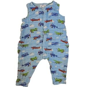 Angel Dear Boys Aviator Airplane Blue Snap Button Muslin Romper Size 6-12 Months